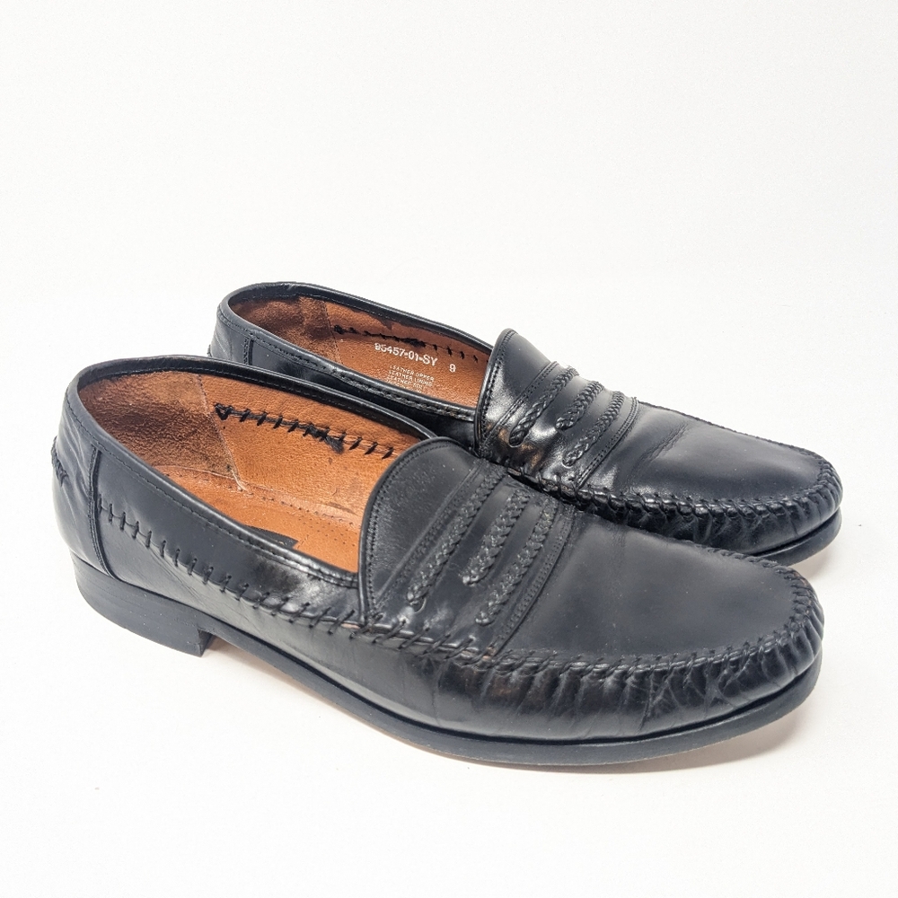 ITALIAN Brass Boot Men's Black Leather Dress Loafers Size 9 Slip On Braid Detail